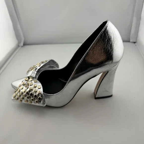 Ted Baker London Metallic Silver Studded Bow Heels - Picture 12 of 16
